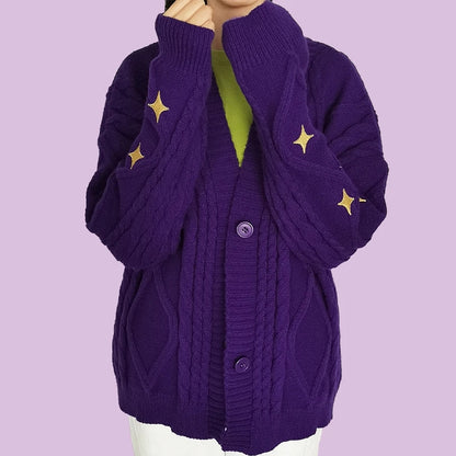 Purple Star Embroidery Button Cardigan