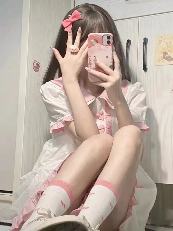 Sweet Pink Bow Short Sleeve Dress