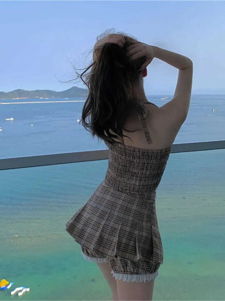 2PCS Plaid Lace Crop Top + Mini Skirt