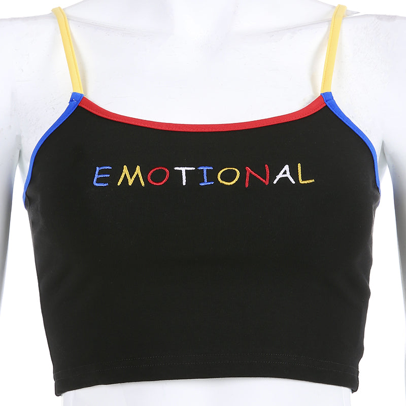 Cute Black Emotional Embroidery Crop Top Camisole Spaghetti Tank Shirt Tee T-shirt E-Girl Kawaii Korean Japanese Harajuku Retro Streetwear Aesthetic