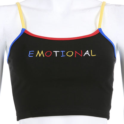 Cute Black Emotional Embroidery Crop Top Camisole Spaghetti Tank Shirt Tee T-shirt E-Girl Kawaii Korean Japanese Harajuku Retro Streetwear Aesthetic