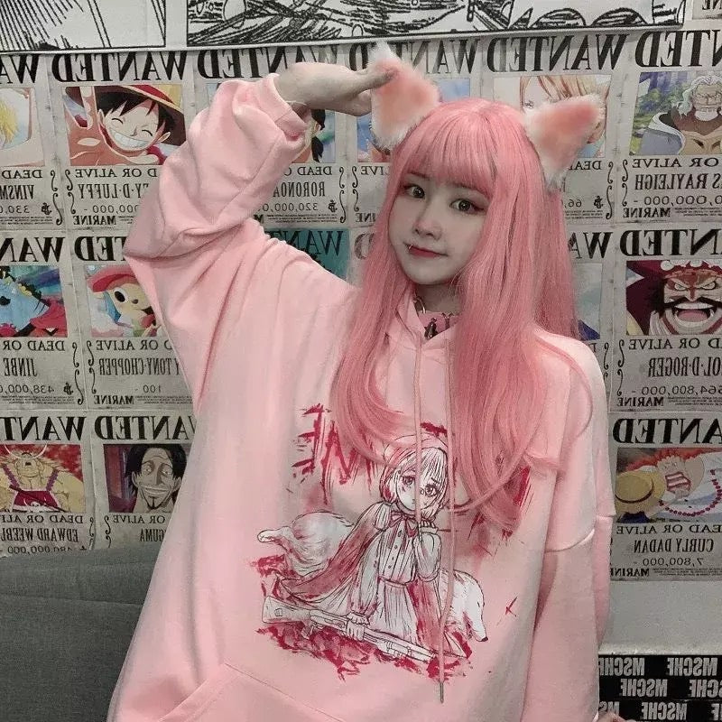 Pastel Pink Anime Girl Cartoon Loose Casual Hoodie Sweatshirt Sweater Long Sleeve Pullover Jumper E-Girl Kawaii Korean Japanese Harajuku Streetwear