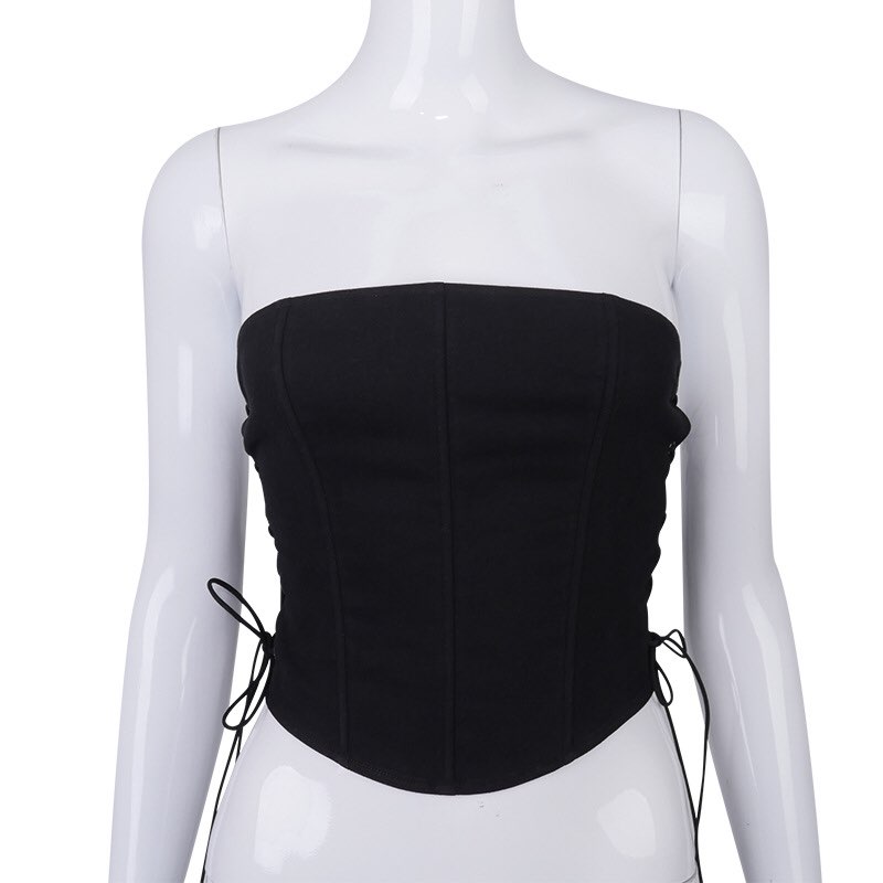 Sexy Black Corset Lace Tie Up Bustier Crop Top Sleeveless Strapless Vest Party Club Aesthetic Goth E-Girl Kawaii Korean Japanese Harajuku Streetwear