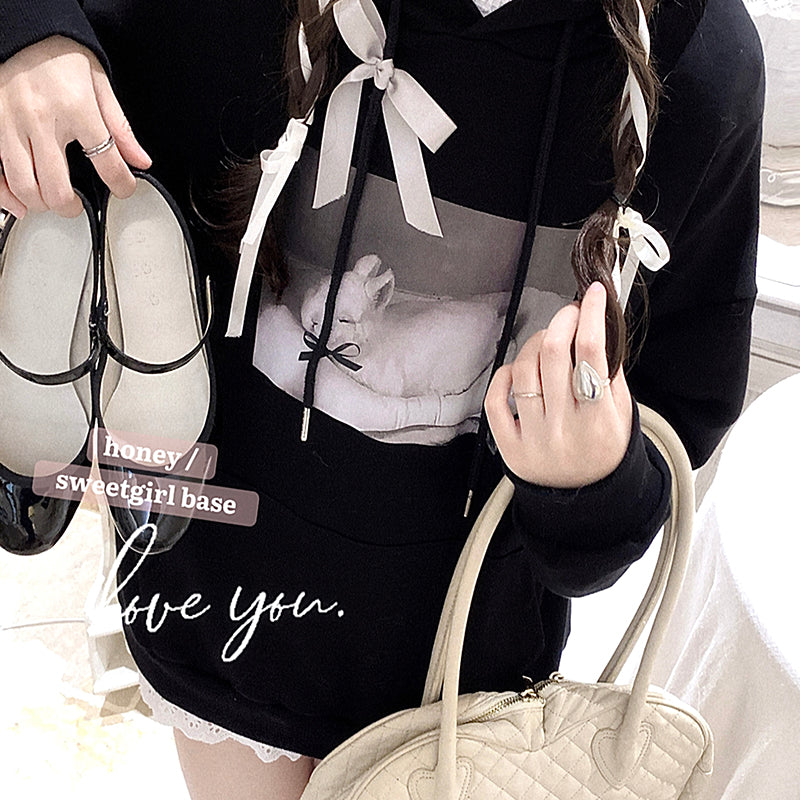 Black Rabbit Bow Loose Hoodie