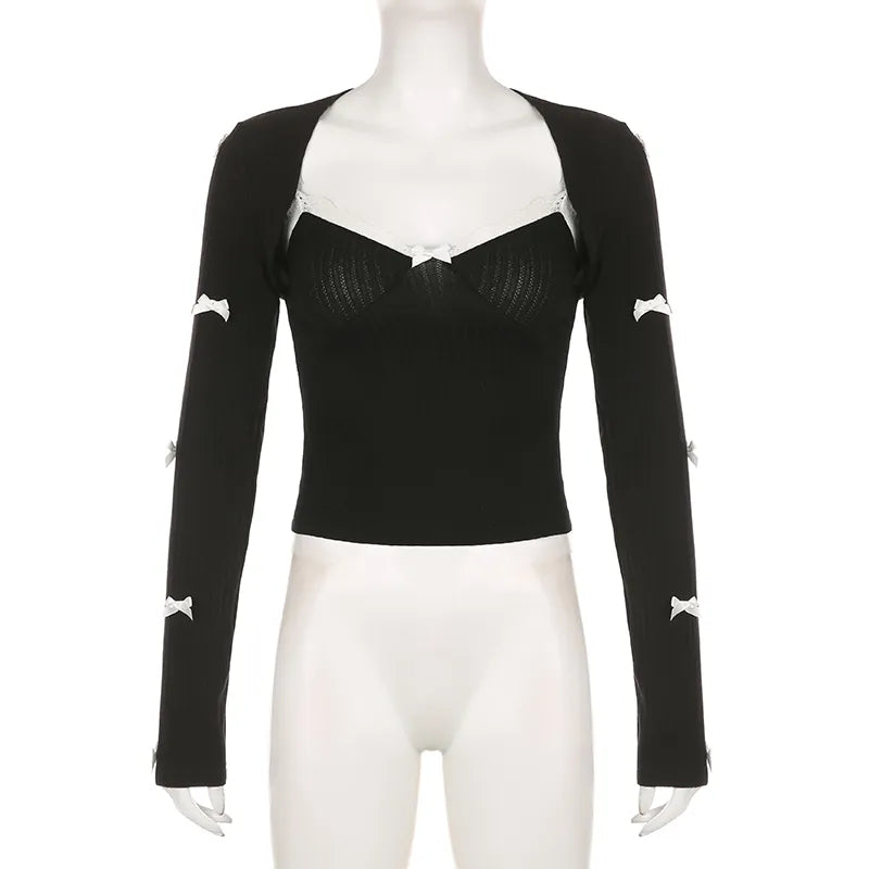 2PCS Patchwork Bow Lace Camisole + Knit Cardigan