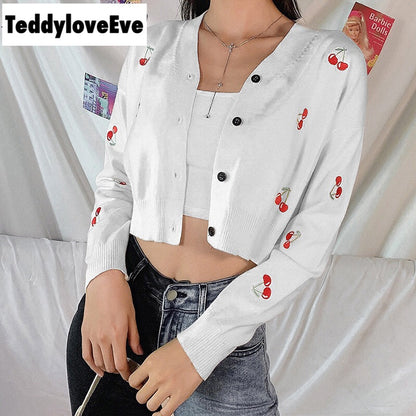 Cute Sweet Cherry Embroidery V Neck Knit Vest Long Sleeve Cardigan Crop Top Sweater Sweatshirt Pullover Jumper E-Girl Kawaii Korean Japanese Harajuku