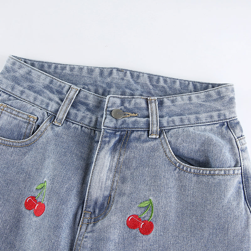 Cute Sweet Vintage Cherry Embroidery Light Washed Blue Denim Jeans High Waisted Cargo Slim Bottom E-Girl Kawaii Korean Japanese Harajuku Streetwear