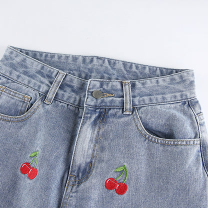 Cute Sweet Vintage Cherry Embroidery Light Washed Blue Denim Jeans High Waisted Cargo Slim Bottom E-Girl Kawaii Korean Japanese Harajuku Streetwear
