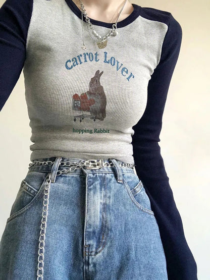 Rabbit Graphic Print Patchwork Long Sleeve Shirt