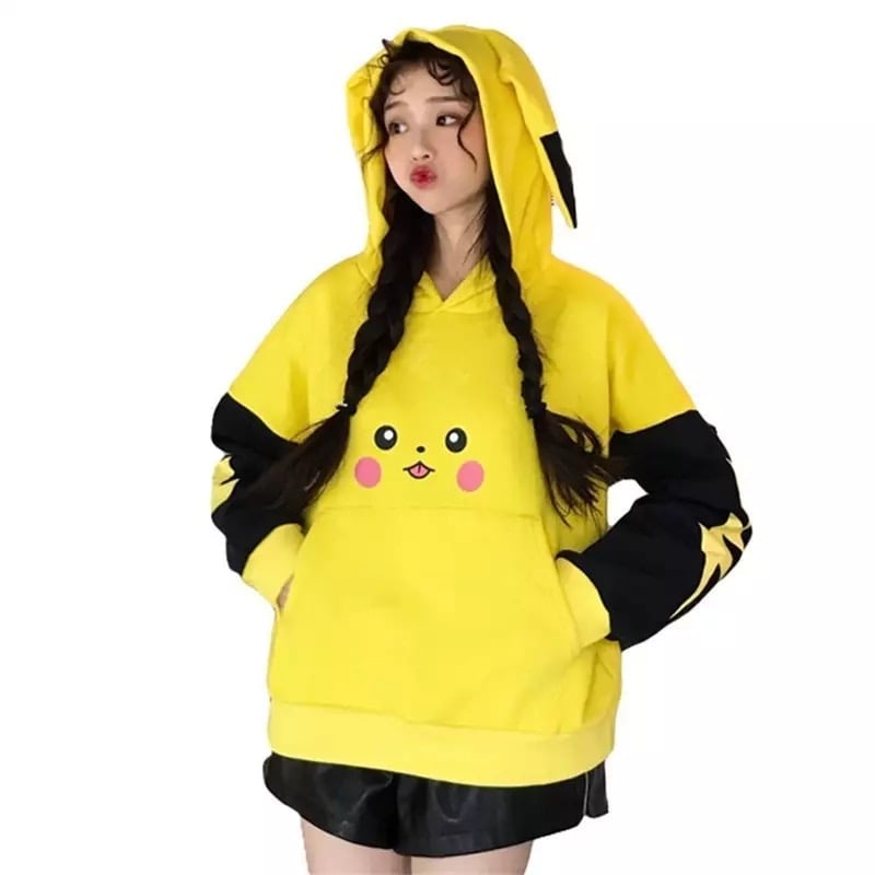 Cute Yellow Pikachu Anime Cartoon Long Ears Oversized Casual Hoodie Sweater Sweatshirt Pullover E-Girl Kawaii Korean Japanese Harajuku Streetwear