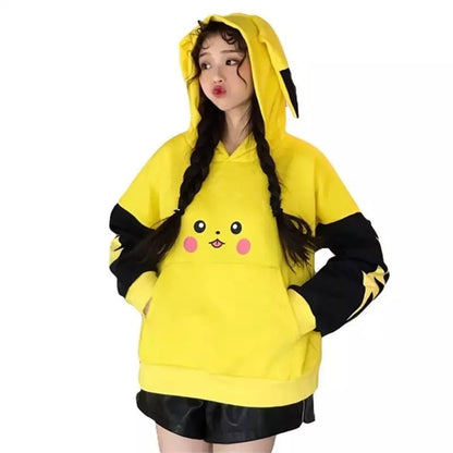 Cute Yellow Pikachu Anime Cartoon Long Ears Oversized Casual Hoodie Sweater Sweatshirt Pullover E-Girl Kawaii Korean Japanese Harajuku Streetwear