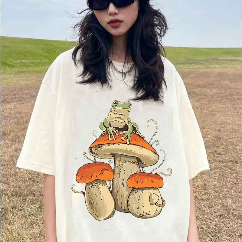 Mushroom Frog Print Short Sleeve T-shirt