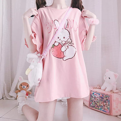Pink Rabbit Ruffle Loose Short Sleeve T-shirt