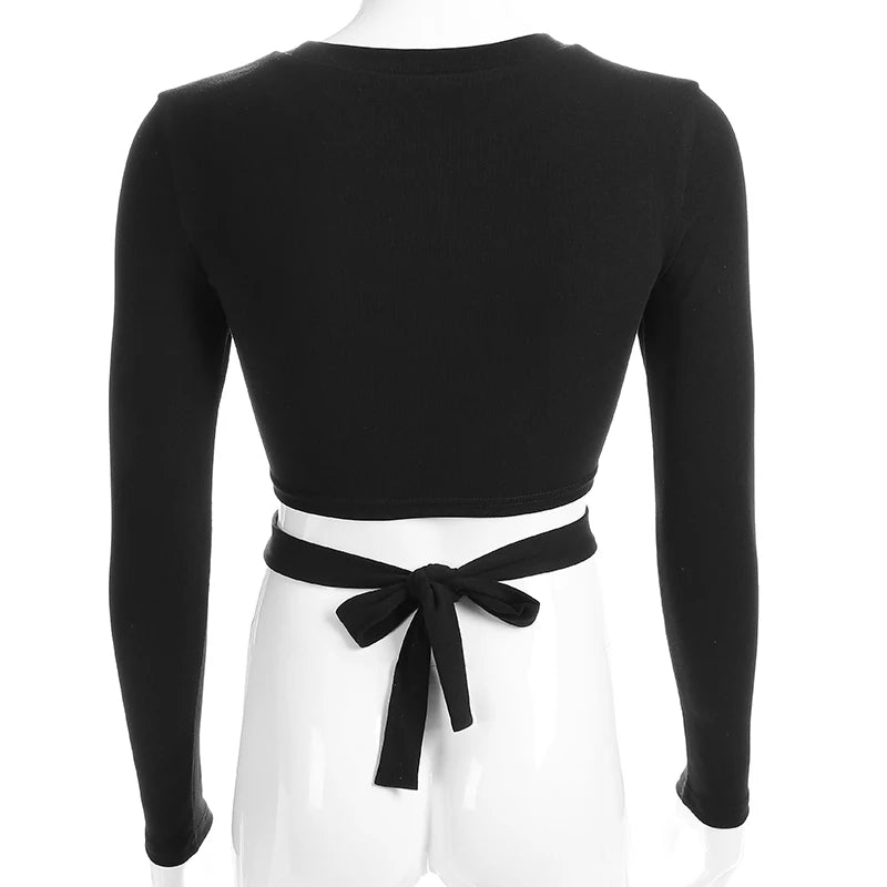 Cute Black Criss Cross Bandage Hallow Out Long Sleeve T-shirt Crop Top Summer Aesthetic Casual E-Girl Kawaii Korean Japanese Harajuku