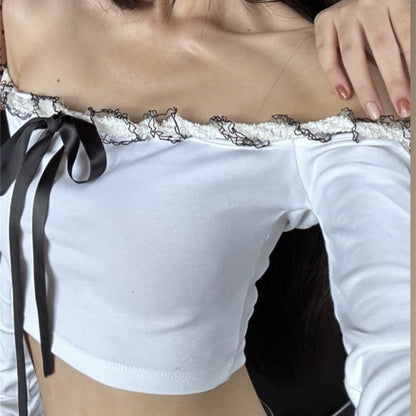 Ruffle Off Shoulder Lace Up Long Sleeve Top