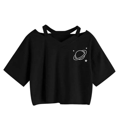 Black Planet Star Print Casual Summer Crop Top Short Sleeve Tee Shirt T-shirt Top E-Girl Kawaii Korean Japanese Harajuku Streetwear