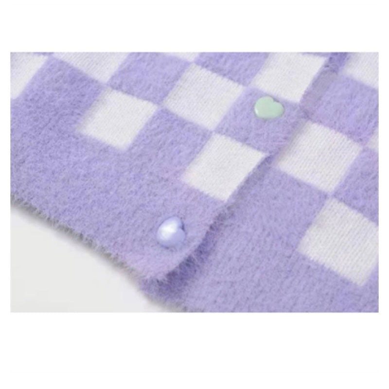 Purple Color Block Heart Button V Neck Sweater