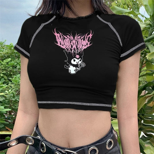 Black Japanese Anime Cartoon Print Crop Top Short Sleeve Shirt T-shirt
