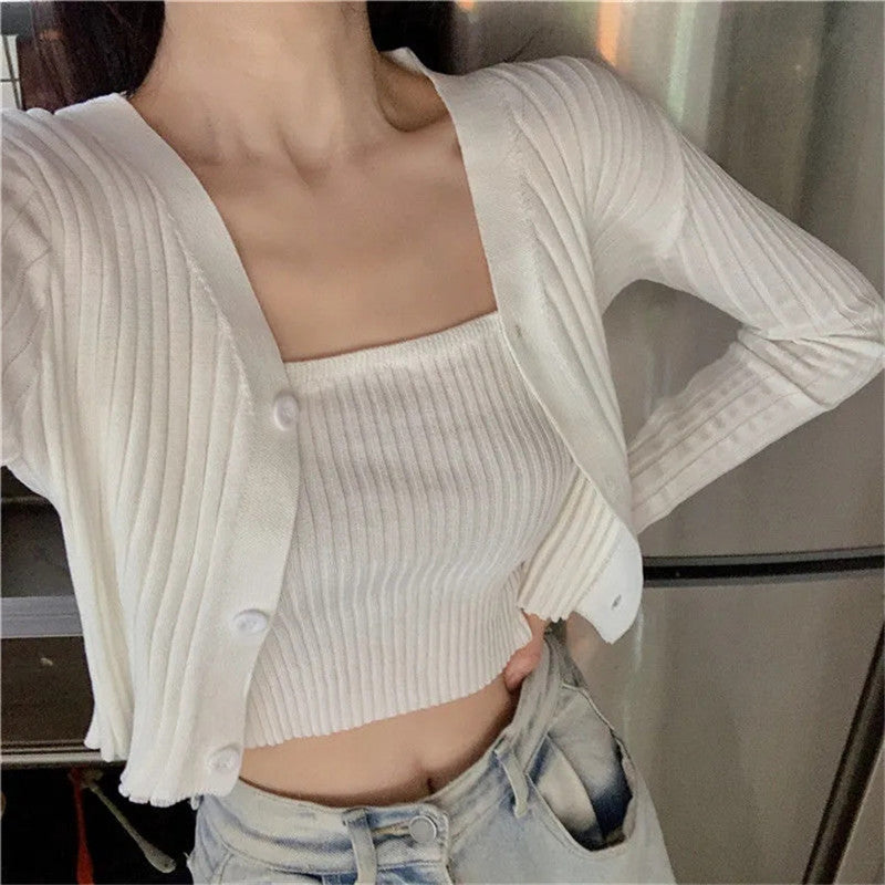 2PCS Tube Top + Ribbed Knit Cardigan