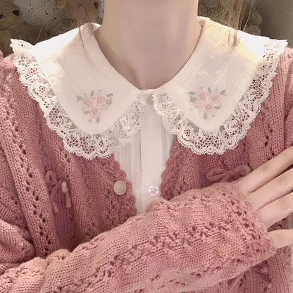 White Floral Embroidery Peterpan Collar Blouse