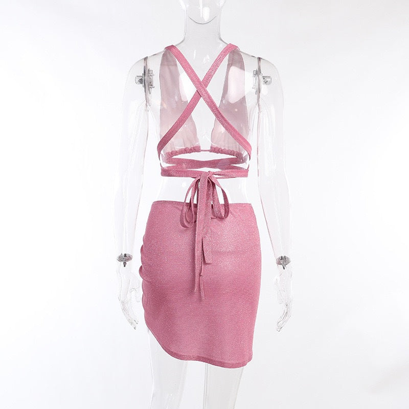 2PCS Pink Sequin Cut Out Tank Top + Mini Skirt