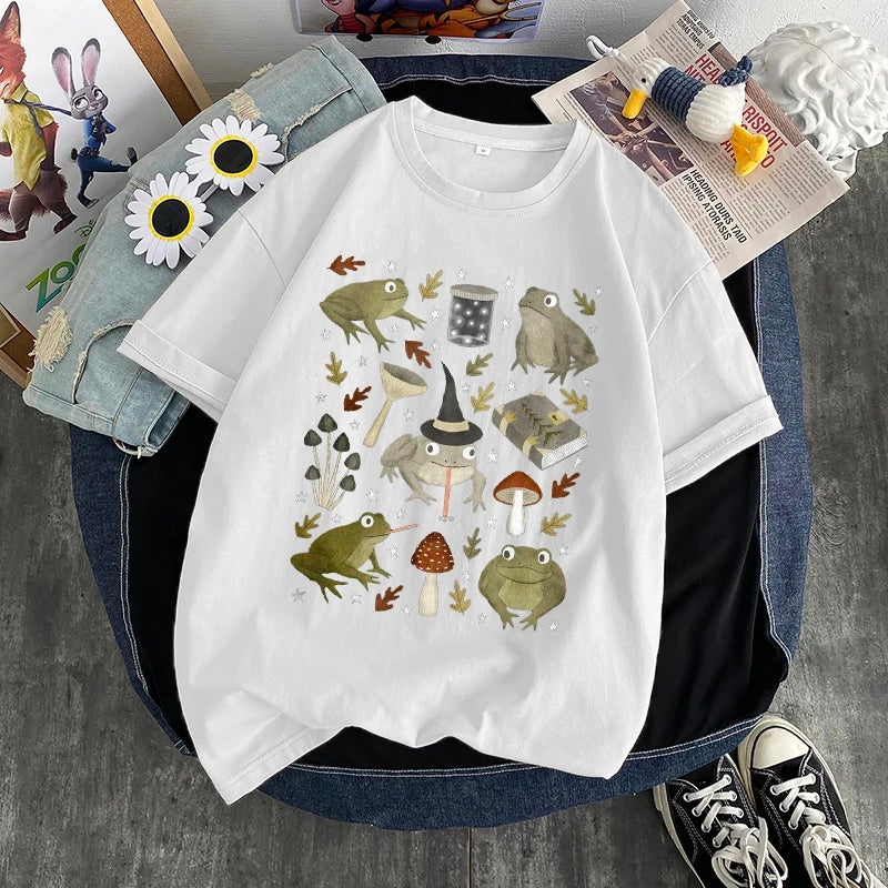 Cute Frog Magic Mushroom Witchcraft Print Short Sleeve T- Shirt Top Aesthetic Casual Summer E-Girl Kawaii Korean Japanese Harajuku