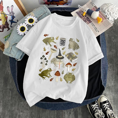 Cute Frog Magic Mushroom Witchcraft Print Short Sleeve T- Shirt Top Aesthetic Casual Summer E-Girl Kawaii Korean Japanese Harajuku