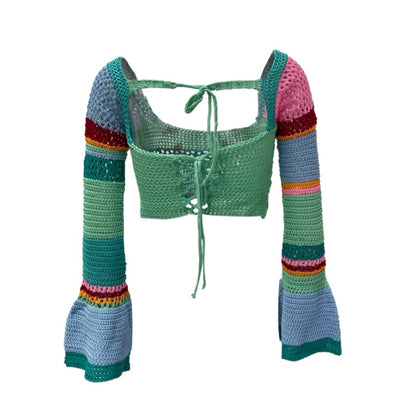 Rainbow Crochet Long Sleeve Drawstring Crop Top