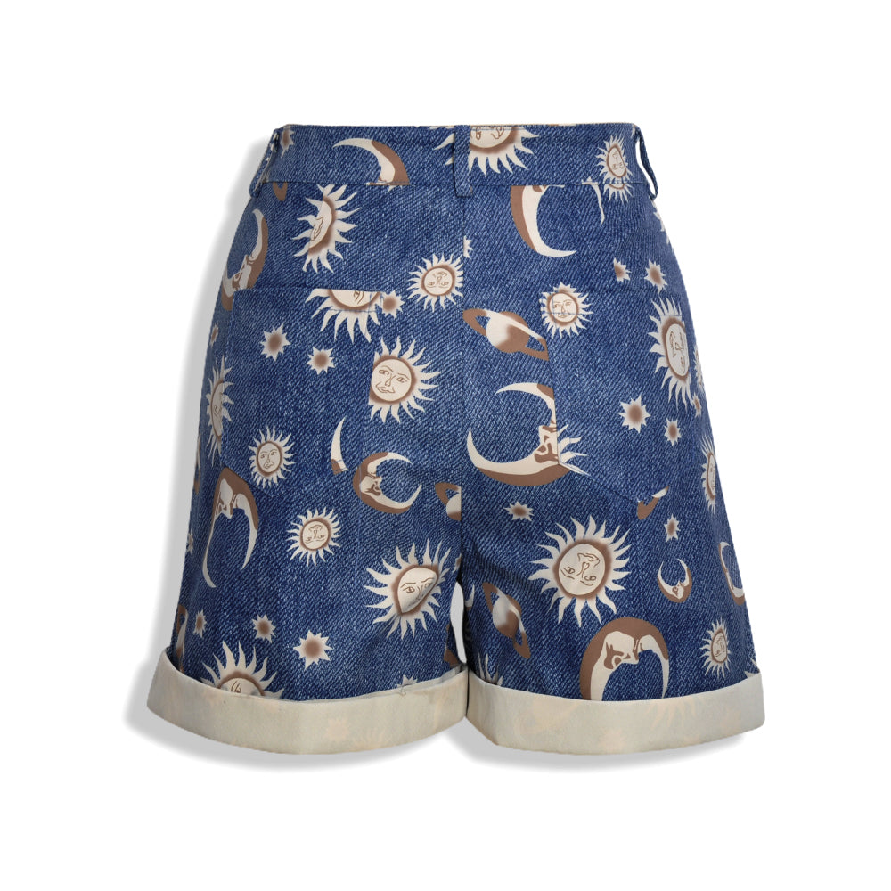 Cute Sun Moon Star Planet Pattern Loose Denim Shorts Bottom E-Girl Kawaii Korean Japanese Harajuku Chinese Retro Streetwear Aesthetic