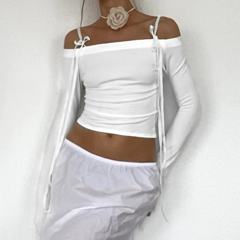 White Bow Off Shoulder Long Sleeve Top