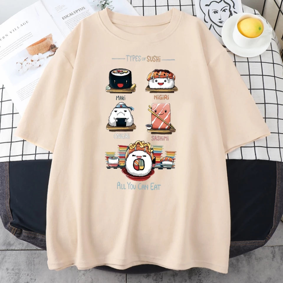 Cute Sushi Food Graphic Cartoon Print Loose Short Sleeve T-shirt Aesthetic Casual Summer E-Girl Kawaii Korean Japanese Harajuku