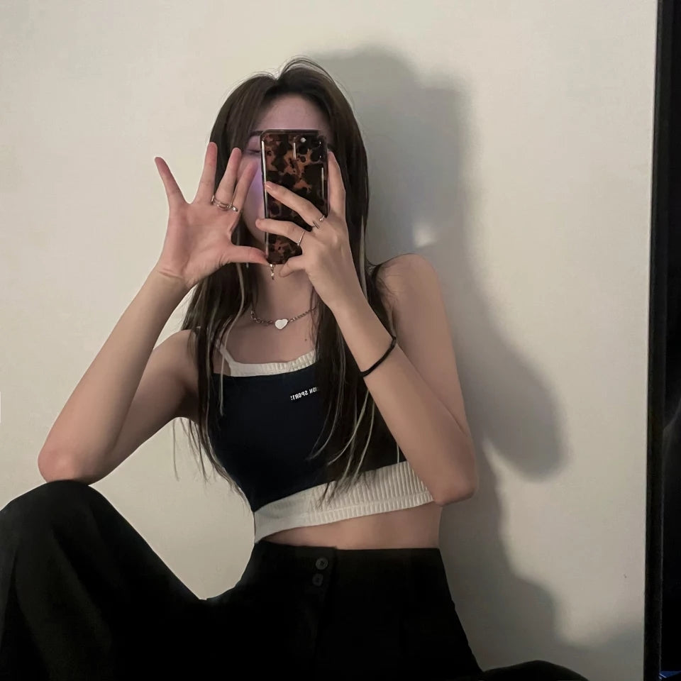 Cute Streetwear Knit Tank Sleeveless Shirt Crop Top Vest Basic Summer Aesthetic Casual E-Girl Kawaii Korean Japanese Harajuku