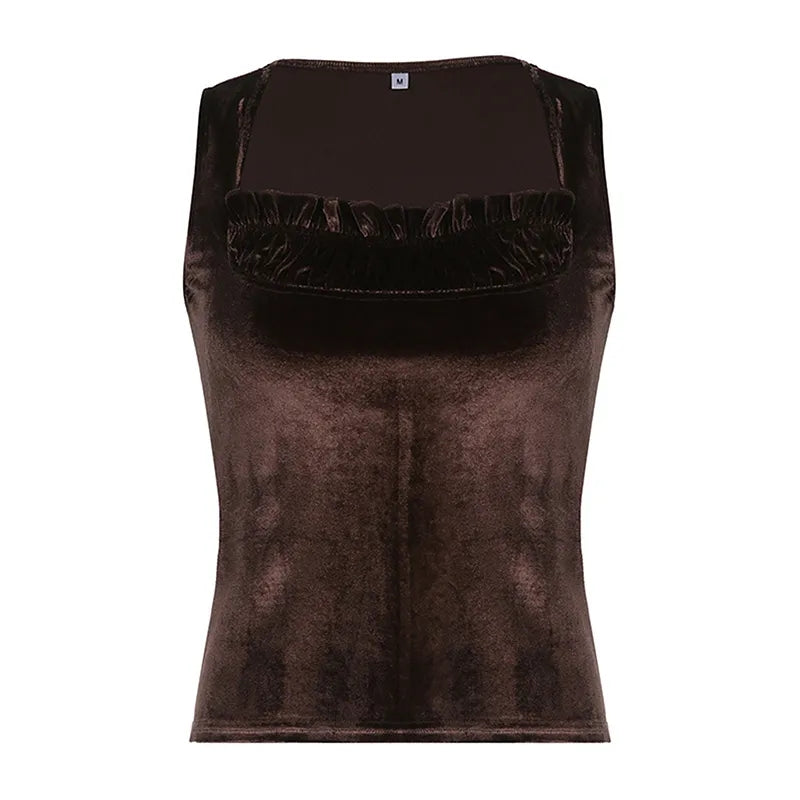 Brown Velvet Patchwork Tank Top