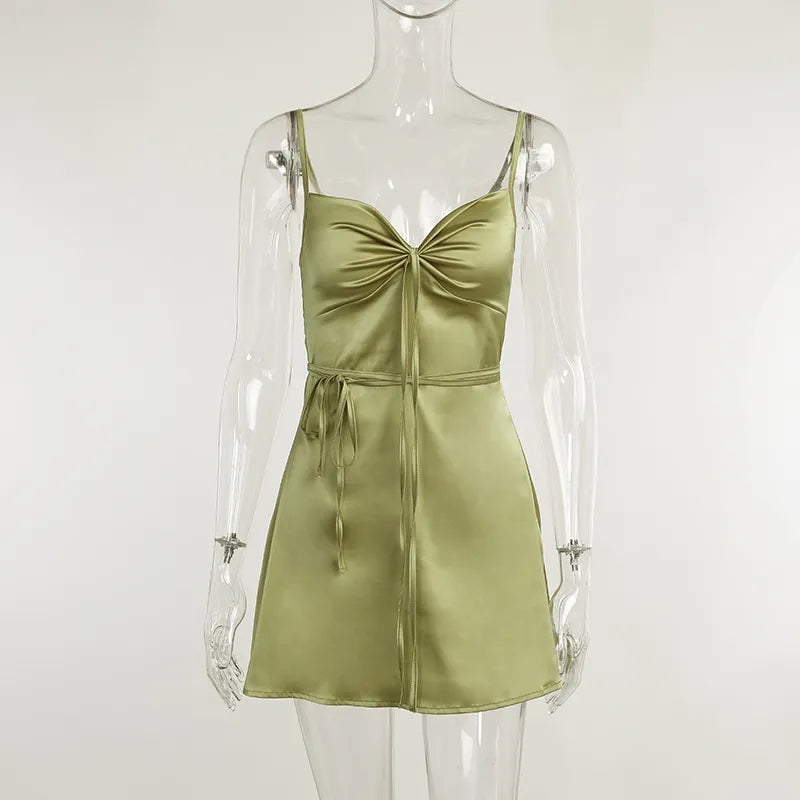 Green Satin Waist Tie Dress