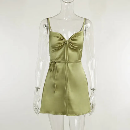 Green Satin Waist Tie Dress