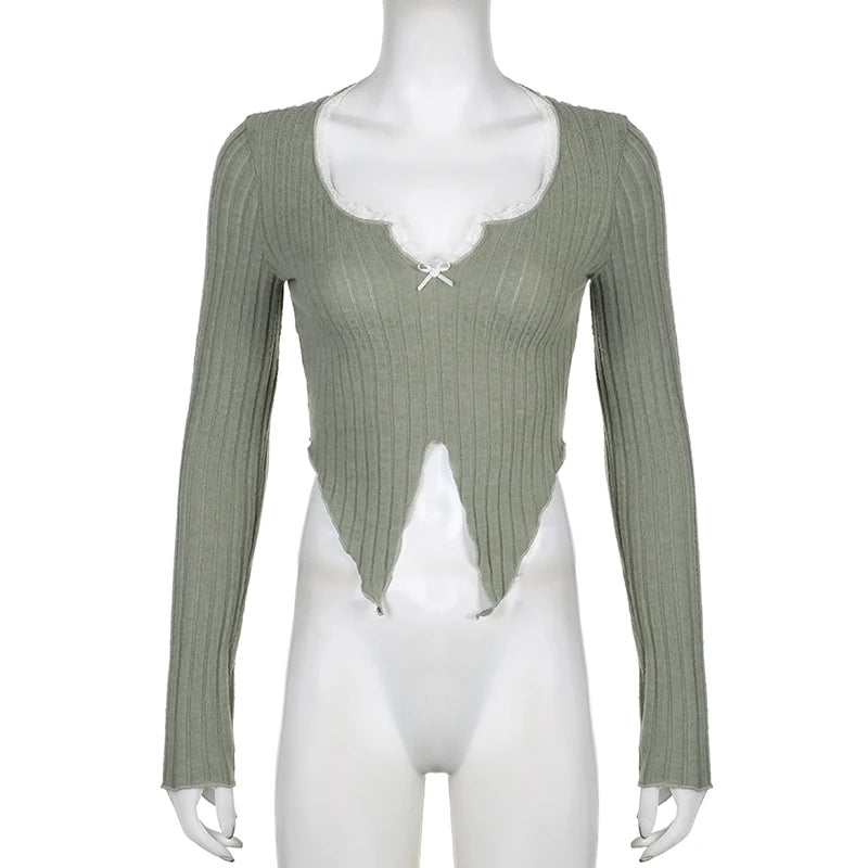Green Lace Split Patchwork Long Sleeve T-shirt