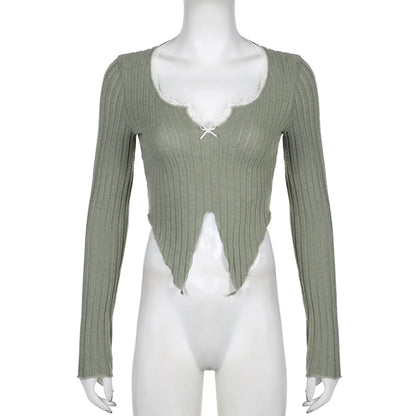 Green Lace Split Patchwork Long Sleeve T-shirt