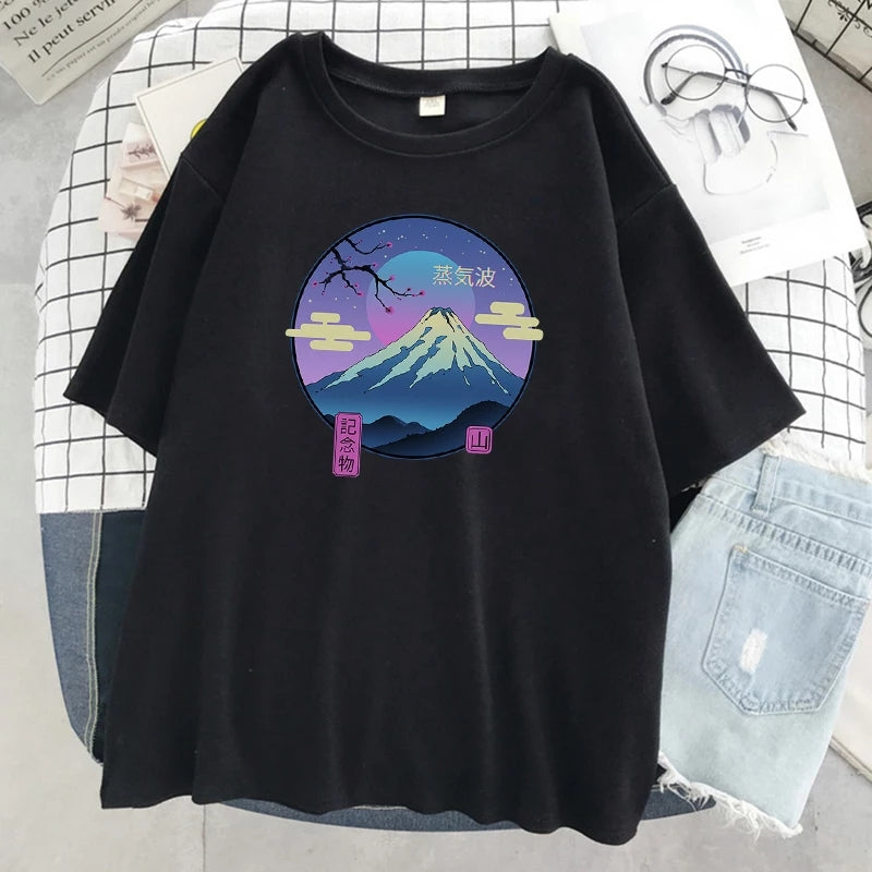 Cute Mount Fuji Japan Cartoon Anime Print Oversize Short Sleeve T-shirt Aesthetic Casual Summer E-Girl Kawaii Korean Japanese Harajuku Streetwear