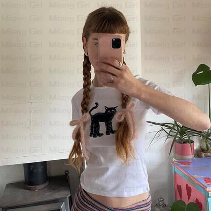 Cat Print Crew Neck Crop Top