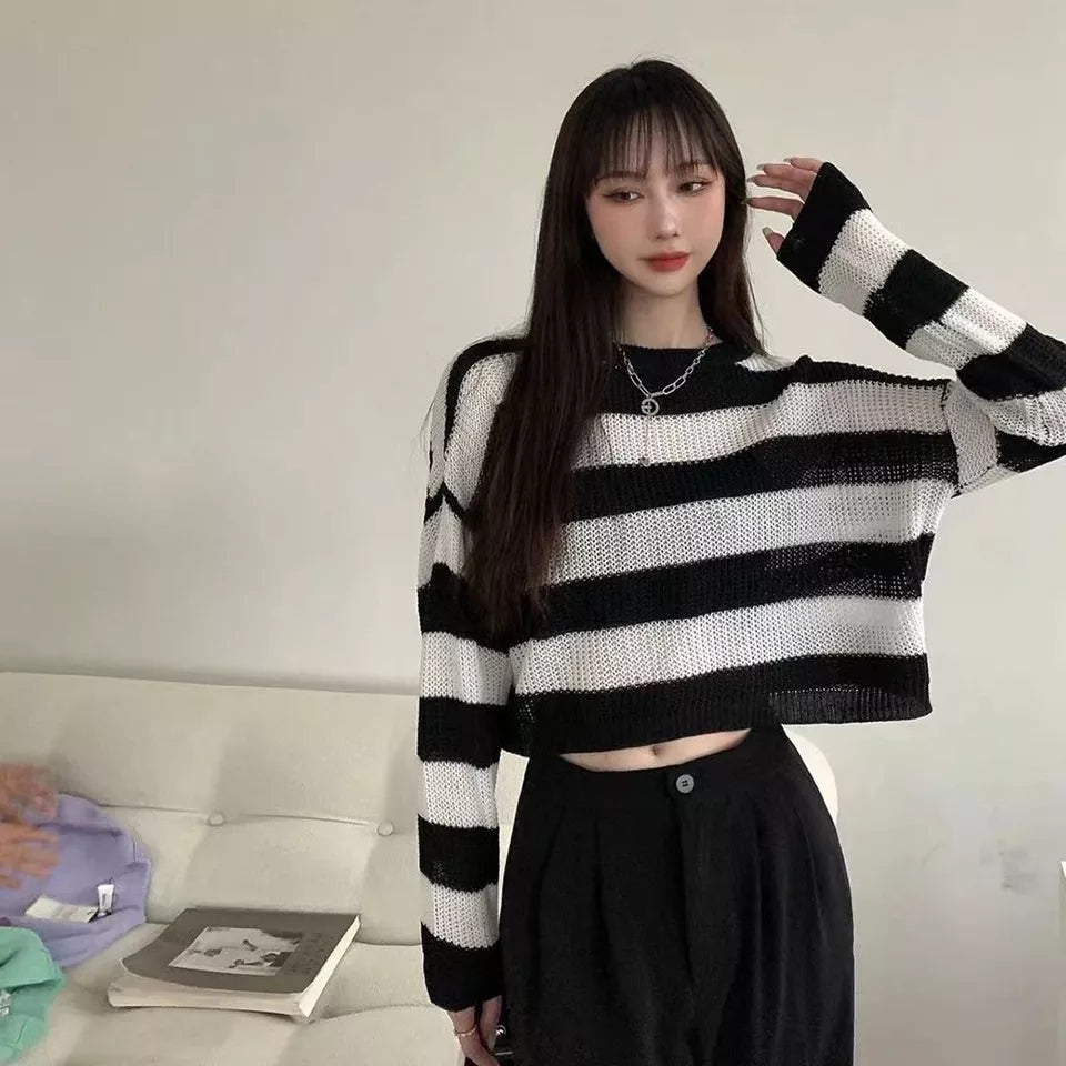 Black & Grey Striped Cropped Long Sleeve Sweater