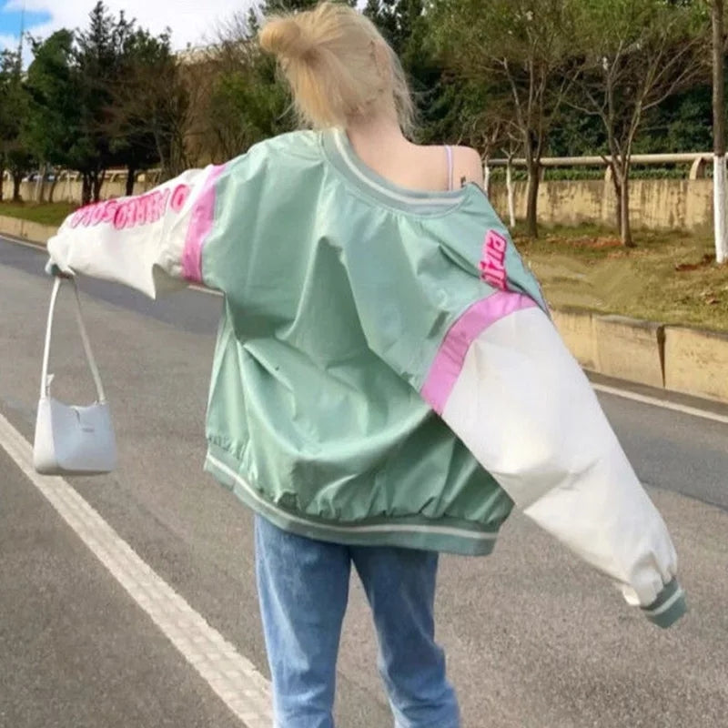 Retro Vintage Pastel Heart Ribs Print Oversized Long Sleeve Zipper Hoodie Sweatshirt Aesthetic Casual E-Girl Kawaii Korean Japanese Harajuku