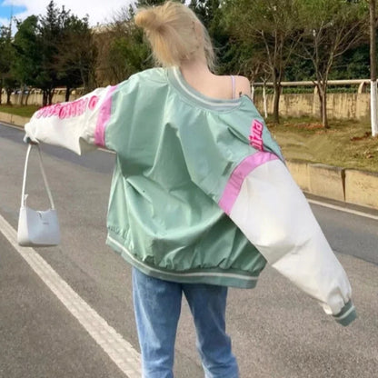 Retro Vintage Pastel Heart Ribs Print Oversized Long Sleeve Zipper Hoodie Sweatshirt Aesthetic Casual E-Girl Kawaii Korean Japanese Harajuku
