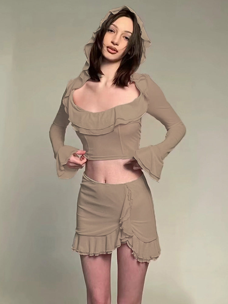 2PCS Hoodie Long Sleeve Top + Mini Skirt