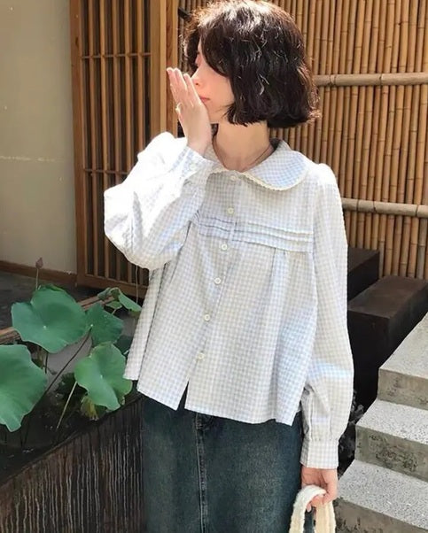 Blue Plaid Puff Long Sleeve Shirt