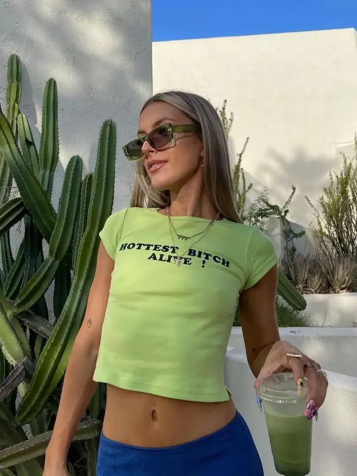 Green Hottest B Alive Letter Print Short Sleeve Shirt Crop Top Summer Aesthetic Casual E-Girl Kawaii Korean Japanese Harajuku