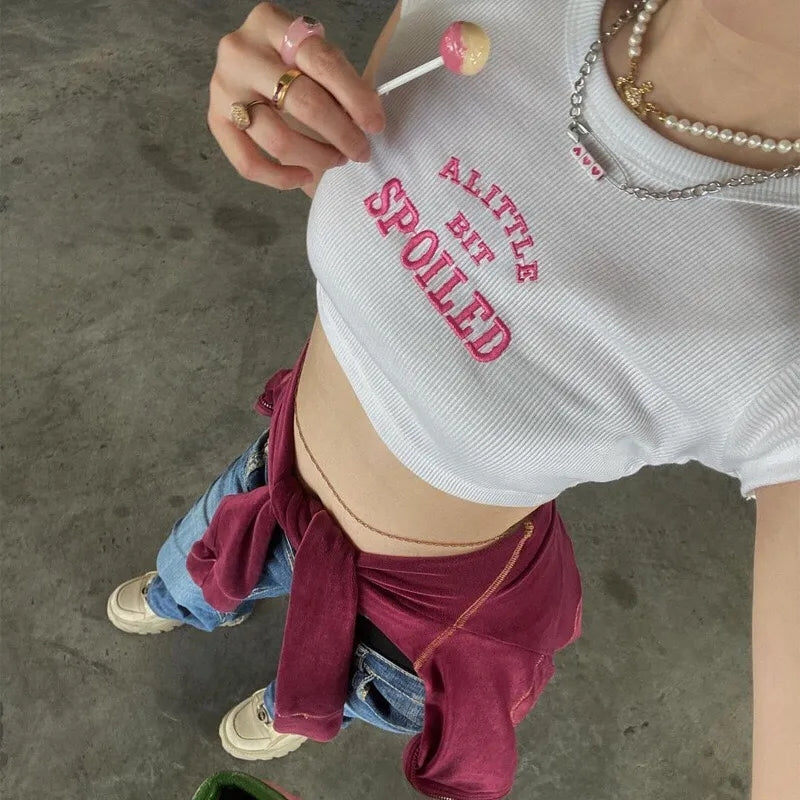 White Spoiled Embroidery Short Sleeve Crop Top