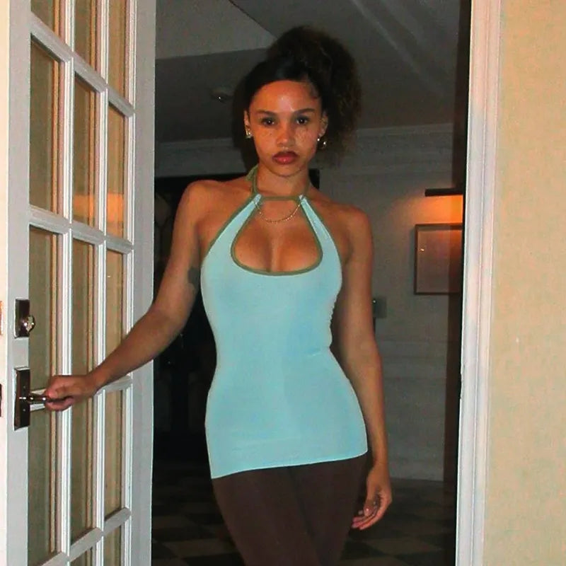 Blue Patchwork Halter Top
