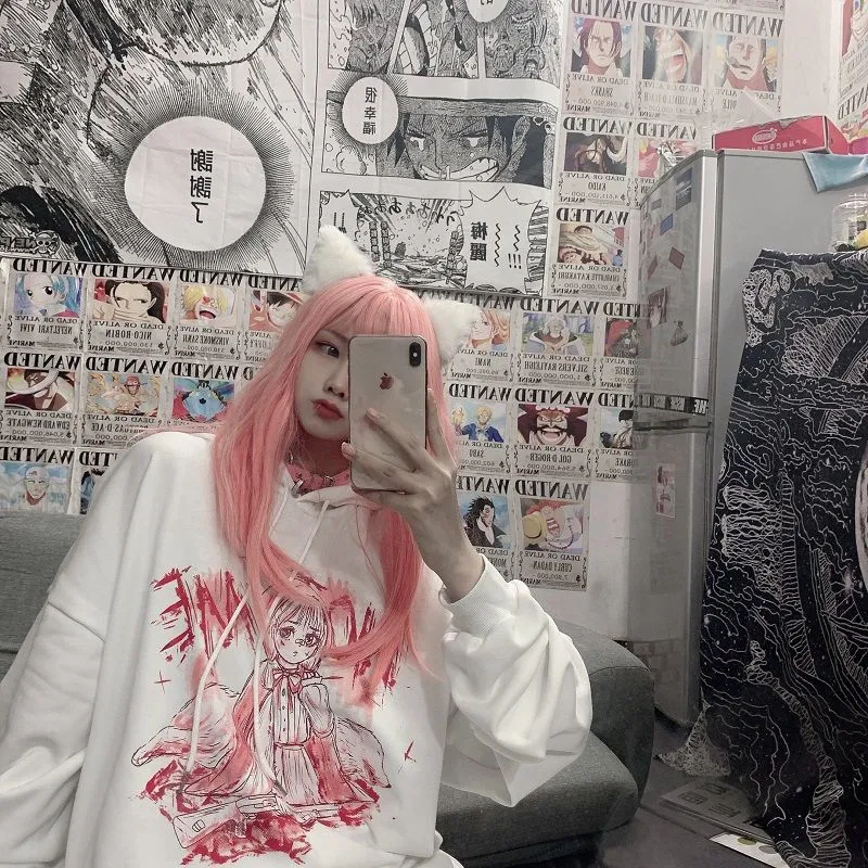 Pastel Pink Anime Girl Cartoon Loose Casual Hoodie Sweatshirt Sweater Long Sleeve Pullover Jumper E-Girl Kawaii Korean Japanese Harajuku Streetwear