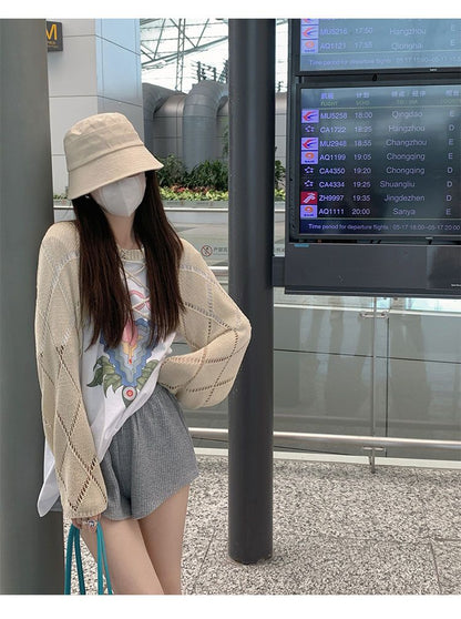 Blue Hollow Out Cropped Cardigan