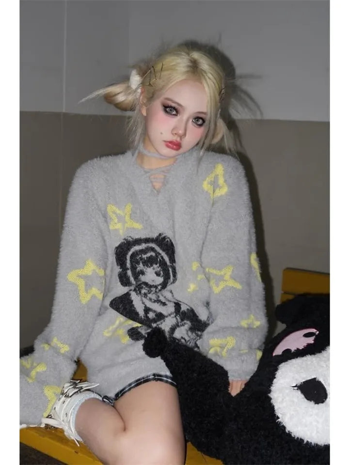 Grey Anime Girl Oversized Sweater